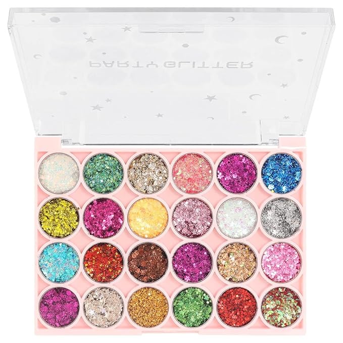 evpct 24 Colors Glitter Eyeshadows Palette Makeup for Women, Black White Pink Green Blue Rainbow Sparkle Neon Metallic Shimmer Shiny Eyeshadow Palette, Body Pressed Eye Shadow Glitter Palette Makeup