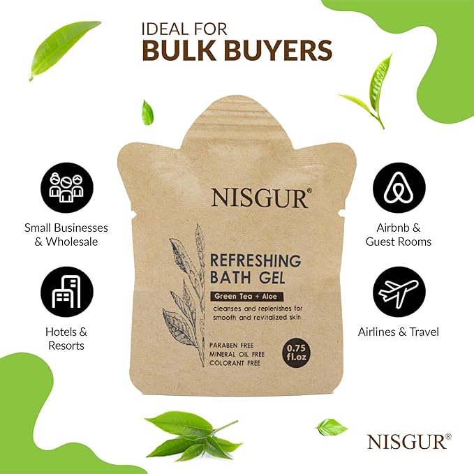 Bulk Travel Size Body Wash 0.75 oz 100 Pack Non Plastic Hotel Bath Gel Kraft Paper Pouch Travel Shower Gel Aloe and Green Tea Extract Infused Hotel Supplies and Toiletries for Guest