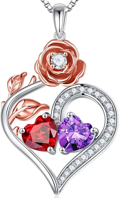 Iefil Rose Heart Birthstone Necklaces for Women - 925 Sterling Silver Double Birthstone Necklace, Anniversary Birthday Gifts for Women, Jewelry Gifts for Wife Her
