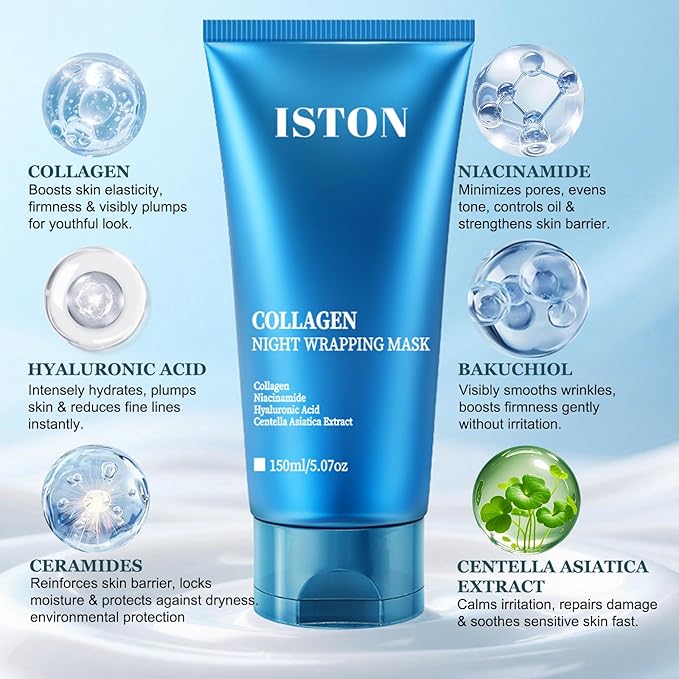 ISTON Collagen Night Wrapping Mask for Glass Skin - Overnight Peel Off for Firmer, Hydrated & Radiant Skin with Hydrolyzed Collagen, Gently Formulated for All Skin Types - 5.07 fl Oz