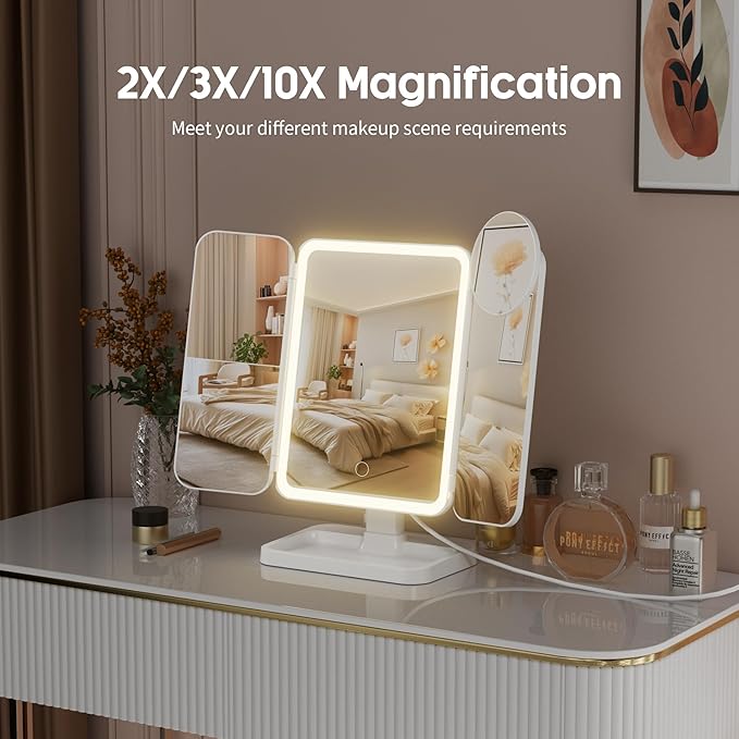 Vanity Mirror with Lights, Rechargeable Makeup Mirror with Magnification, 2X 3X 10X, 3 Colors Lights, Portable Travel Makeup Mirror, Gifts for Her Women