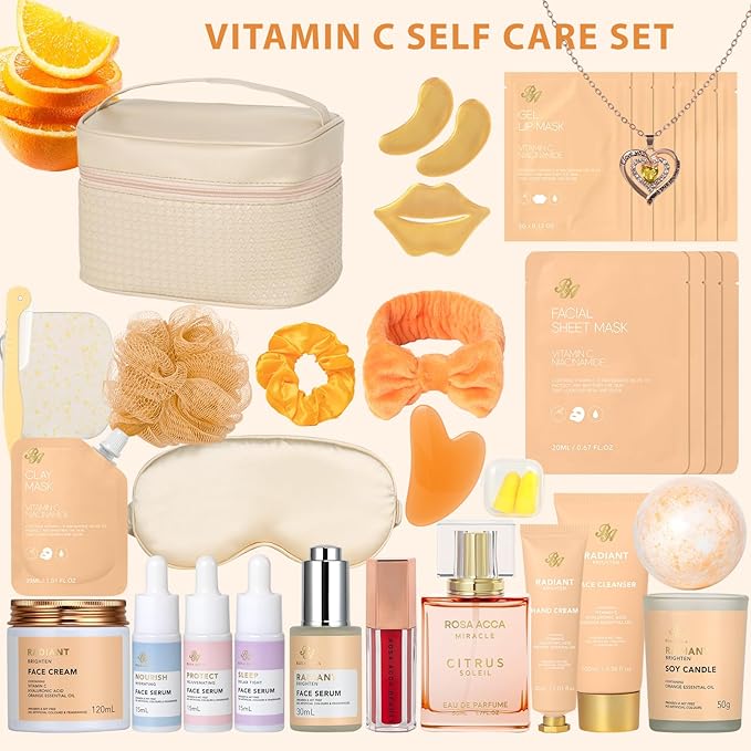 Orange 33 Pcs Facial Kit For Women, Skin Care Gift Set, Self-Care Kit, Spa & Bath & Body Basket Gift, Beauty Care Bag Set, Collagen Gel Mask, Pampering Kit, Birthday Gift, Christmas, Wife, Mother Day