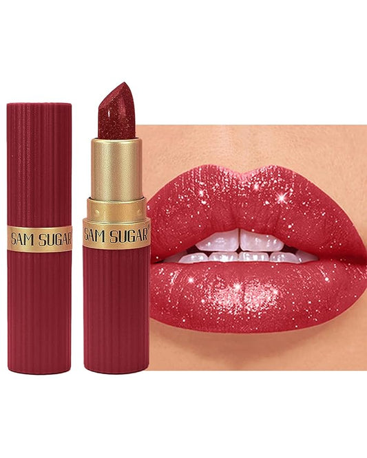 Rose Red Sparkling Glitter Lipstick, Long Lasting Shimmer Metallic Lipstick for Women Glitter Nude Waterproof Lip Gloss, Diamond Shiny Non-Stick Lipgloss Liptint Blam Lip Color labiales Makeup Gift-05