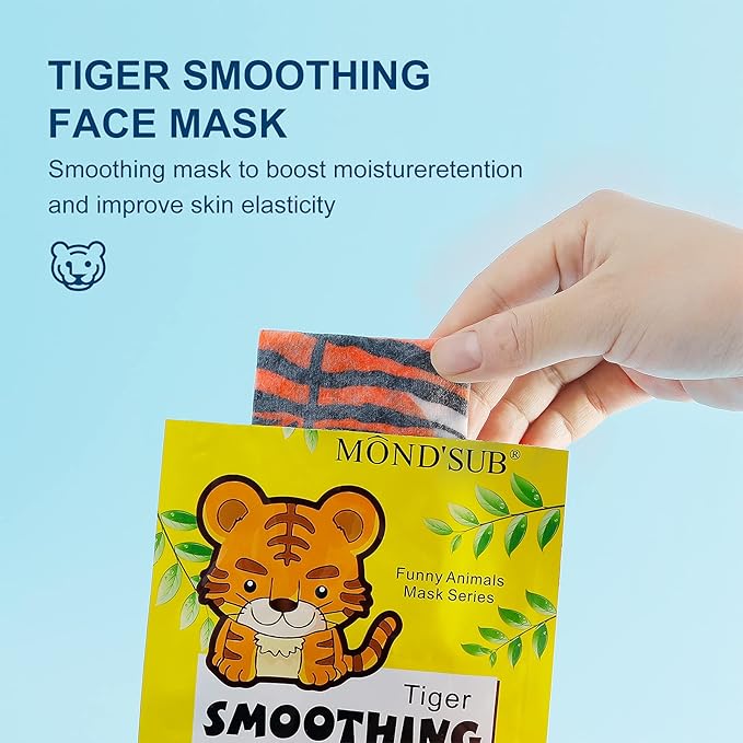 Animal Spa Beauty Mask, Character Masks Sheet-(Pack of 5) Tiger Smoothing Firming Nourishing Moisturizing Effects For All Skin Types- Birthday Party Gift for her, Girls Night, Spa Night, Beauty Gift