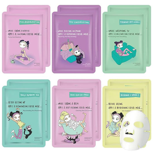 Face Masks Skincare Set for Girl,Moisturizing Collagen Facial Masks for Women Home Spa,Hyaluronic Acid Face Mask for All Skin Types,Day Night Facial Mask Hydrating,Deep Cleaning,Oil Contral(12Pack)