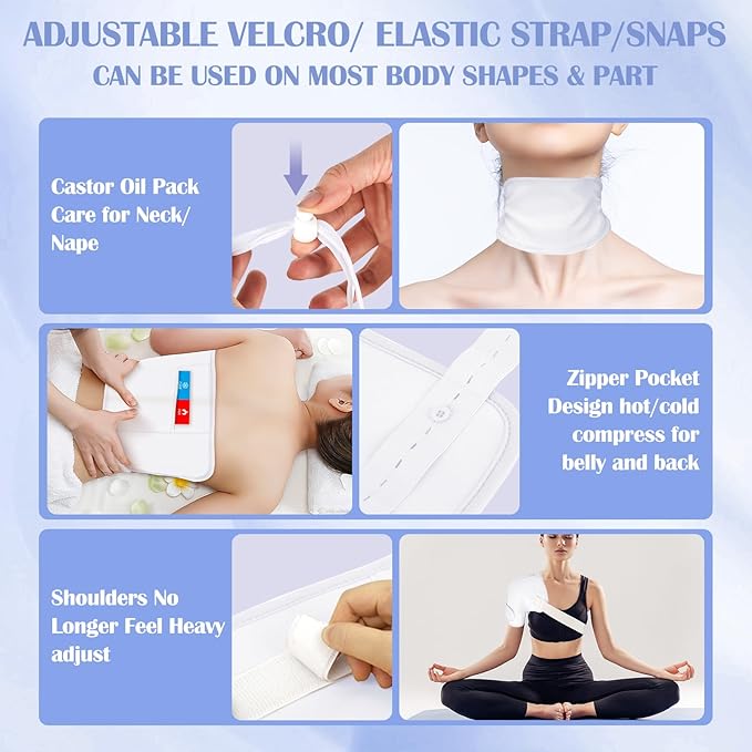 Castor Oil Wrap, 9 Pcs Organic Castor Oil Packs Kit for Entire Body Neck Shoulder Waist Back Hand Knee Leg and Feet, Reusable Pads Kit for Hot/Cold Castor Oil Compress for Woman/Man【White】