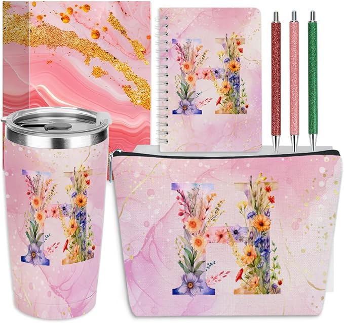 Personalized Gifts Monogrammed Birthday Gifts for Women, Bridesmaid Bachelorette Party Christmas Initial 20 oz Tumbler, Makeup Bag Cup Ballpoint Pens Journal Notebook 6 Set, (Aesthetic Pink Flower H)