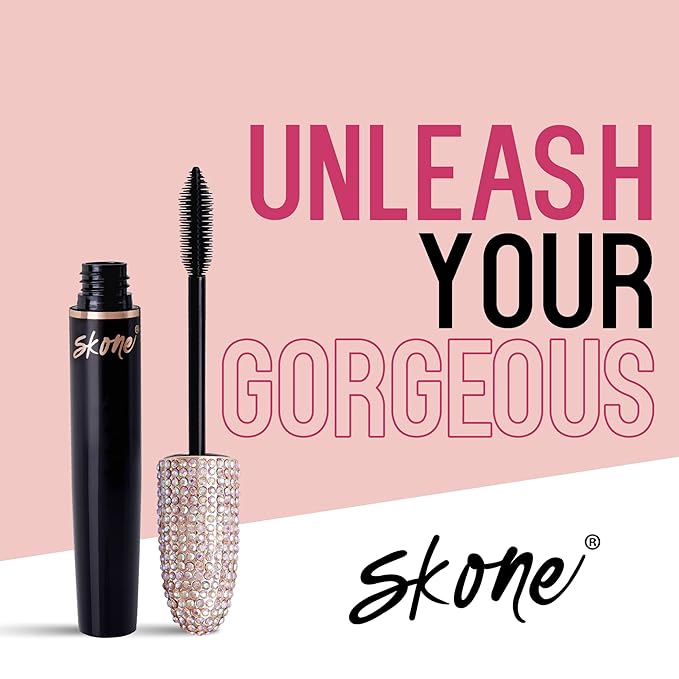 Skone Cosmetics Insanely Intense Waterproof Mascara – Smudge-Proof, Long-Lasting and Volumizing for Thick, Lifted Lashes – Lengthening Mascara for a Dramatic, False Lash Effect & Eye-Catching Bling
