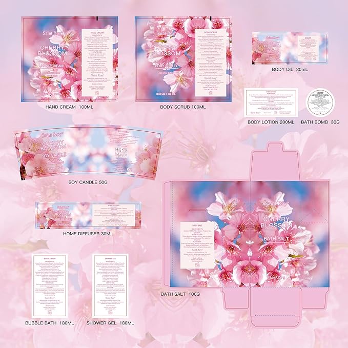 Bath & Body Gift Set, Luxury Home Spa Bath Gift Basket, Cherry Blossom Scented Bath Set, Pamper Gifts for Women & Teens, 12 Pcs Relaxing Home Spa Kit for women Body Kit Birthday Gift teacher's day