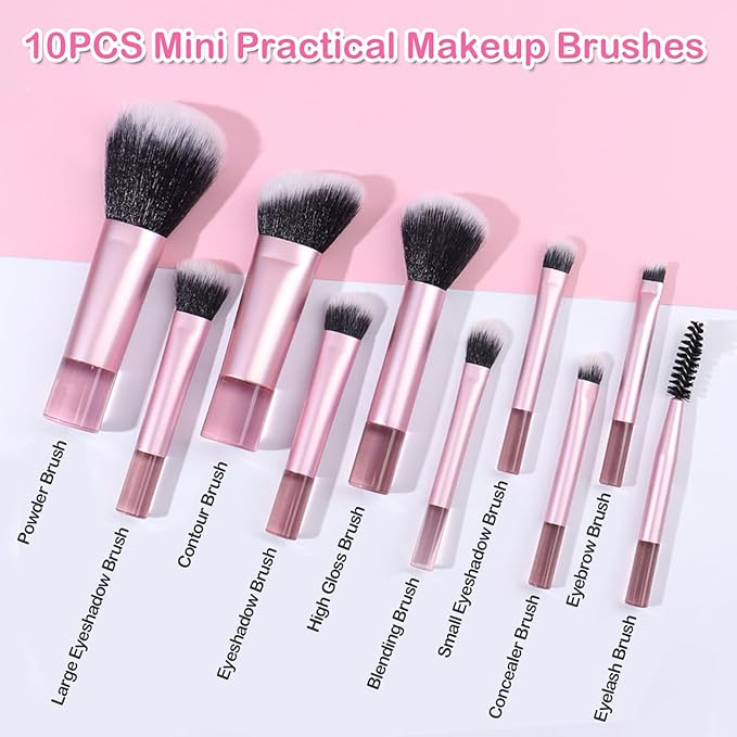 Kingtree 10PCS Mini Makeup Brushes with Pouch, Portable Makeup Brush Travel Set, Easy-taken ON THE GO Makeup Brush Full Complete Function Cosmetic Brushes for Girls