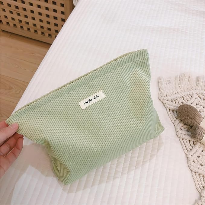 Wudygirl Travel Makeup Bag,Portable Cosmetic Bags,Large Capacity Makeup Bag Organizer for Women,Corduroy Zipper Pouch(Light Green)