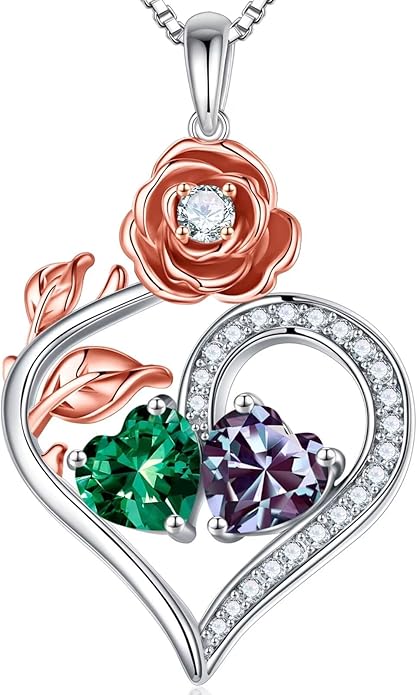 Iefil Rose Heart Birthstone Necklaces for Women - 925 Sterling Silver Double Birthstone Necklace, Anniversary Birthday Gifts for Women, Jewelry Gifts for Wife Her