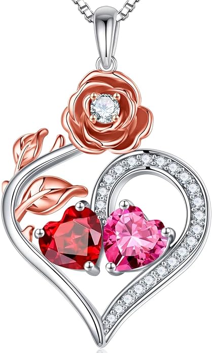 Iefil Rose Heart Birthstone Necklaces for Women - 925 Sterling Silver Double Birthstone Necklace, Anniversary Birthday Gifts for Women, Jewelry Gifts for Wife Her