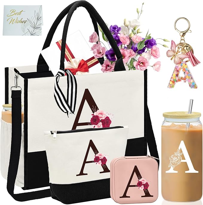 Birthday Gifts for Women,Initial Canvas Tote Bag,Initial Gift for Women,16oz Initial Glass Cup,Initial Makeup Bag with Zipper,Jewelry Organizer Box,Personalized Gifts for Mom-A
