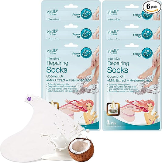Epielle Intensive Repairing Foot Masks 6 Pairs, Deep Moisturizing Socks for Dry Feet & Cracked Heels, Repair with Coconut Oil & Milk Extract, Korean Skin Care, Spa Set, Self Care Gifts for Women