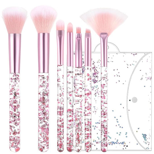7 Pcs Makeup Brushes for Women, Cute Pink Makeup Brushes Crystal Sparkles Fan Blush Foundation Powder Lip Highlight Eye Shadow Eyebrow Brush Set With Sequins Handle Professional for Girl(Pink)