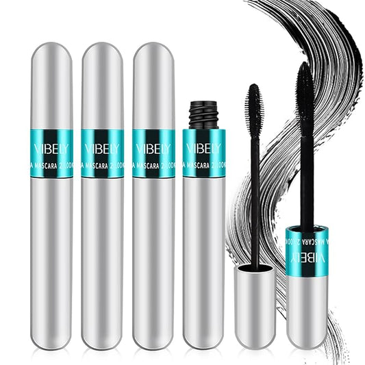 4 Pack VIBELY Mascara 5x Longer Washable, 2 in 1 4D Silk Fiber Lash Mascara, Natural Lengthening and Thickening, No Clumping, Long-lasting