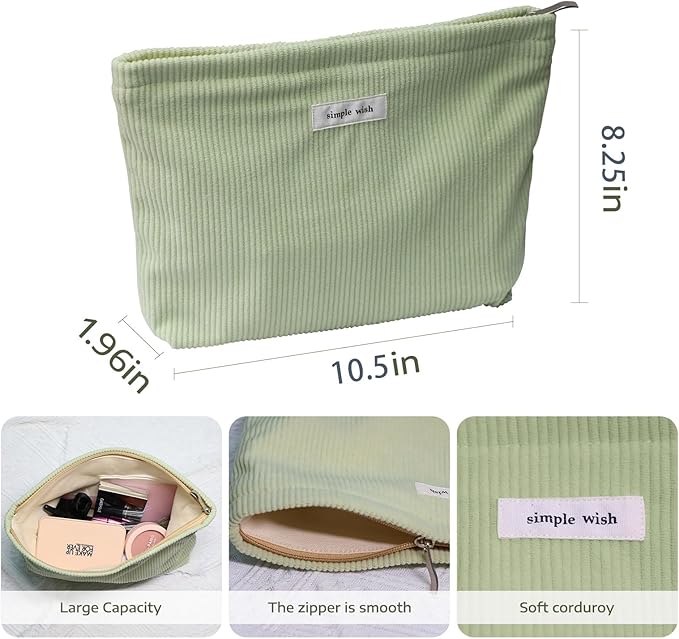 Wudygirl Travel Makeup Bag,Portable Cosmetic Bags,Large Capacity Makeup Bag Organizer for Women,Corduroy Zipper Pouch(Light Green)