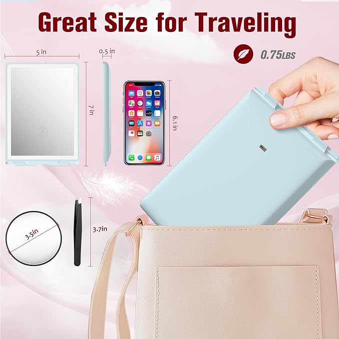 Travel Makeup Mirror with Light, Rechargeable Portable Folding Compact Mirror Set with Tweezer, Lighted Makeup Mirrors with 72 LED 3 Color Light Modes, Dimmable Touch Screen LED Mirrors-Cyan