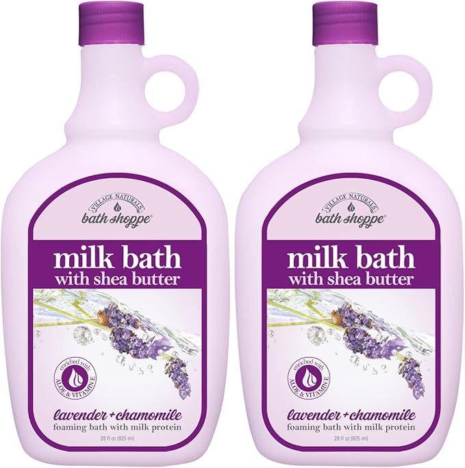 Village Naturals Bath Shoppe Moisturizing Lavender Chamomile Milk Bath - Hydrates Skin - Made with Shea Butter and Vitamin E (Pack of 2 Bottles, 28 fl oz Each)