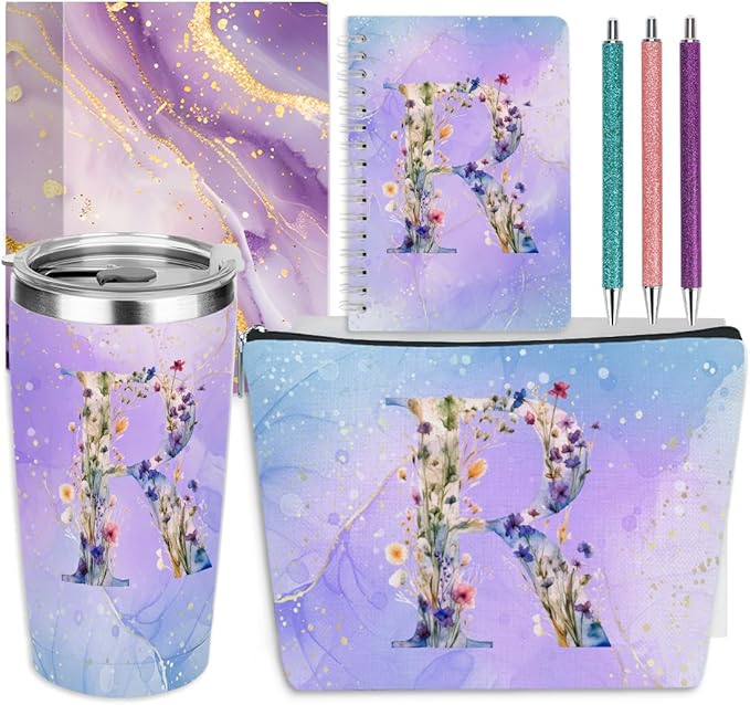 Personalized Gifts Monogrammed Birthday Gifts for Women, New Mom, Grandma Thank You Christmas, Initial 20 oz Tumbler, Makeup Cosmetic Bag Cup Pens Journal Notebook 6 Set, (Aesthetic Purple Flower R)