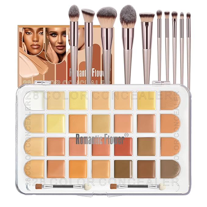 Professional 28 Colors Cream Concealer Camouflage Makeup Palette Contouring Kit, 10 Makeup Brushes, Face Eye Body Cosmetic Foundation, Contour, Repairs Redness, Dull, Dark Circles