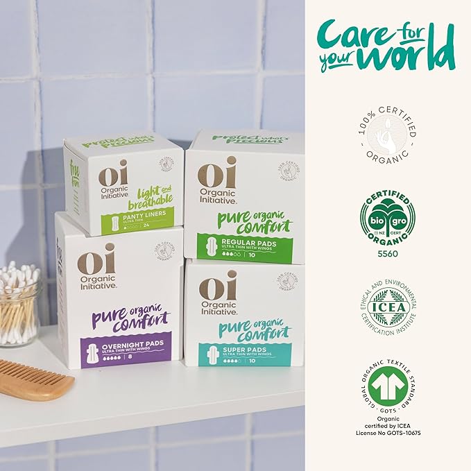 Oi | Organic Initiative - Ultra-Thin Pads with Wings | 100% Certified Organic Cotton, Unscented | Leak Free, Biodegradable | Non-GMO, Toxin Free (Super, 48, Count)