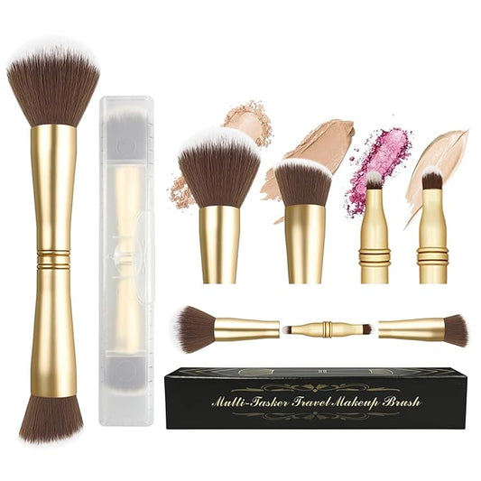 4 in 1 Makeup Brush Set - All in One Powder/Blush, Foundation, Blending & Eyeshadow Brushes, Compact & Travel Essential