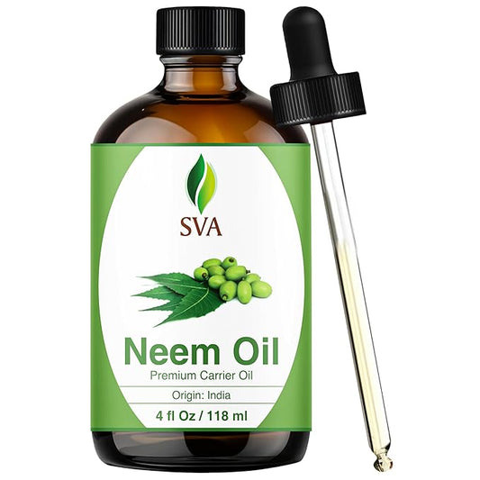 SVA Neem Seed Oil - 4 Fl Oz – 100% Natural Cold Pressed Neem Oil - for Face, Skin Care, Hair Care, Scalp Massage & Body Massage – Carrier Oil with Dropper