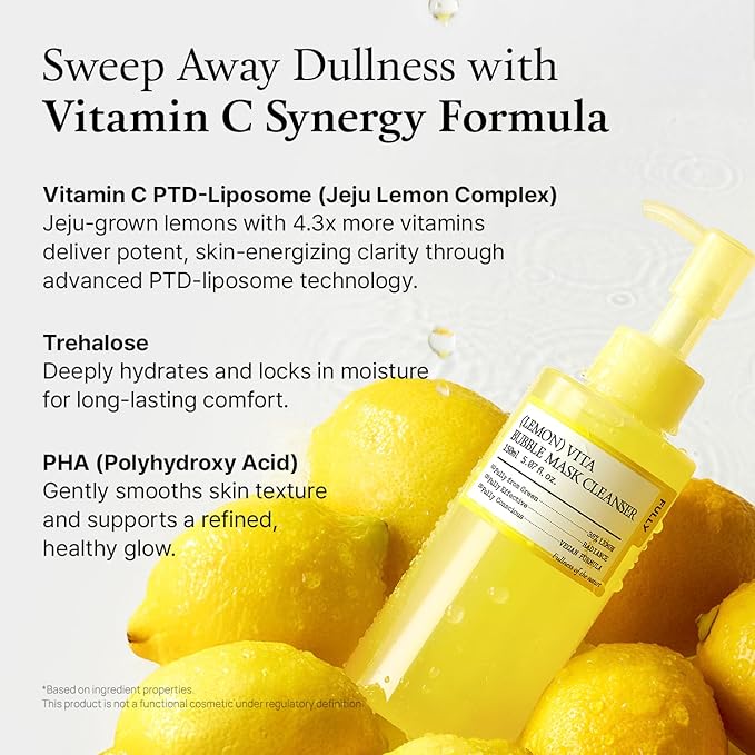 FULLY Lemon Vita Bubble Mask Cleanser, Self-Bubbling Gel-to-Foam Face Wash, Vitamin C + Jeju Lemon Water for Brightening, Radient Smooth Skin, Hydration, Vegan Korean Skincare, 5.07 fl.oz
