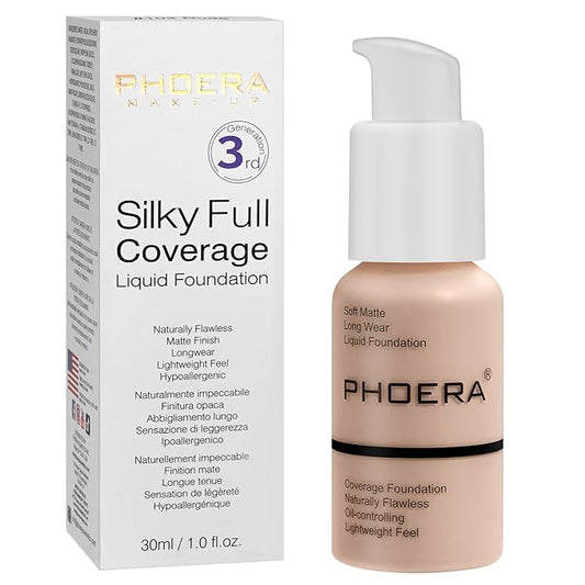 PHOERA Foundation, PHOERA Matte Liquid Foundation,PHOERA Makeup for Women, PHOERA Foundation Full Coverage Concealer, 30ml 24HR Matte Oil Control Concealer (101- Porcelain)