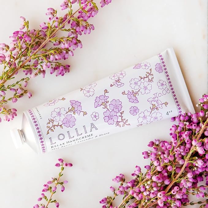 LOLLIA Relax Handcreme, 4 oz, Sugar Cane, Vanilla Bean, & Jasmine, Scented Hand Cream for Women, Moisturizing Lotion for Dry Hands, Quick Absorbing Shea Butter & Cocoa Butter, Luxury Purse Essentials