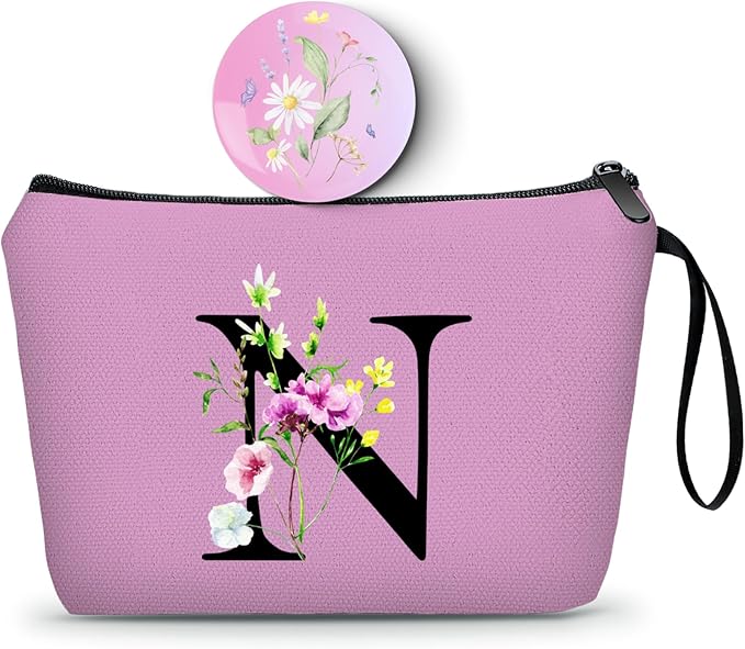 Appreciation Initial Monogram Gifts for Sisters from Sister Employees Team Bride Womens Unique Mom Personalized Makeup Cosmetic Bag with Mirror Mothers Day Christmas Graduation N