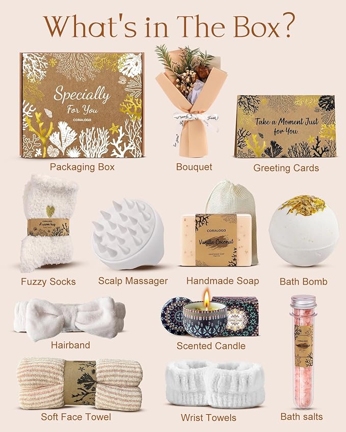 Coralogo Natural Spa Gift Baskets - Natural Pampering Spa Set, Self-Care Beauty Gift Basket, Wellness Bath & Body Works, Unique Gifts for Birthday, Valentines Day, Mothers Day for Mom, Wife, Her