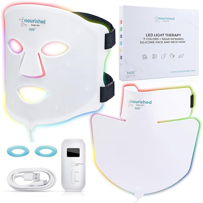7 Colors LED Face and Neck Mask with Near-Infrared - Blue, Red Light Therapy for Face - 228 LEDs - Skincare Tool for Anti-Aging