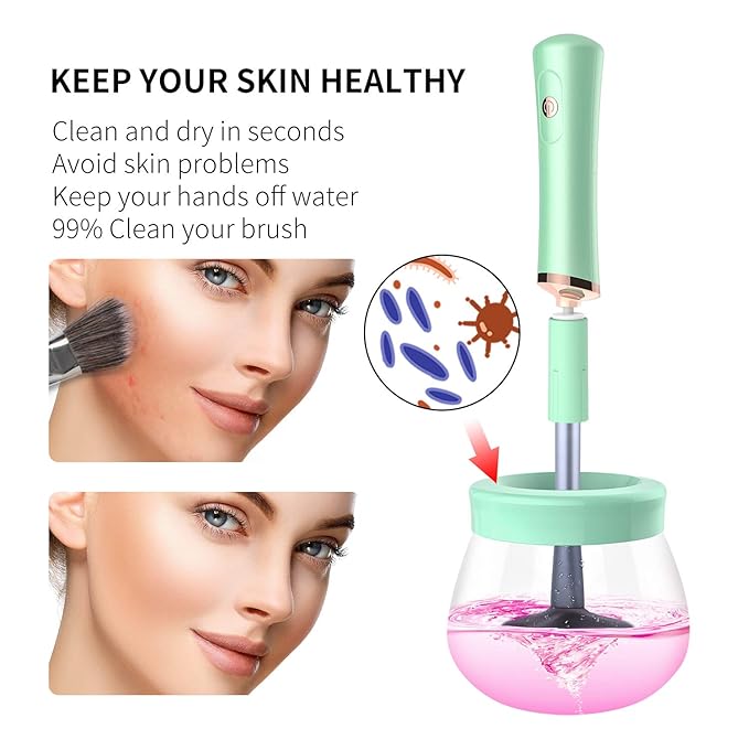 Senbowe Upgraded Makeup Brush Cleaner and Dryer Machine, Super-Fast Electric Brush Cleaner Machine with 8 Size Rubber Collars, Automatic Brush Cleaner Spinner Makeup Brush Tools