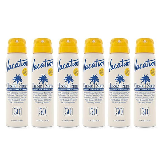 Vacation Mini Classic Sunscreen Spray SPF 50, Water-Resistant, Mini Sunscreen Bulk Party Favor, Sunblock Travel Size, TSA Suntan Lotion for Carry On, 1.7 Fl. Oz. (Value Pack of 6)
