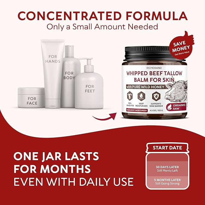 Beef Tallow for Skin – Whipped Tallow and Honey Balm with Grass-Fed Beef Tallow – Organic Daily Tallow Face Moisturizer & Body Balm – Deep Nourishment for Dry, Cracked, Sensitive Skin - 4.3 OZ