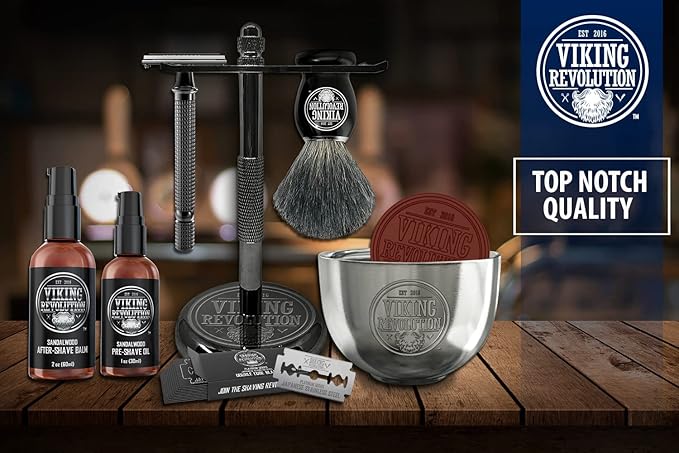Viking Revolution Luxury Safety Razor Shaving Kit - Includes Double Edge Safety Razor, Stand, Bowl, After-Shave Balm, Pre-Shave Oil, Badger Brush - Safety Razor Kit