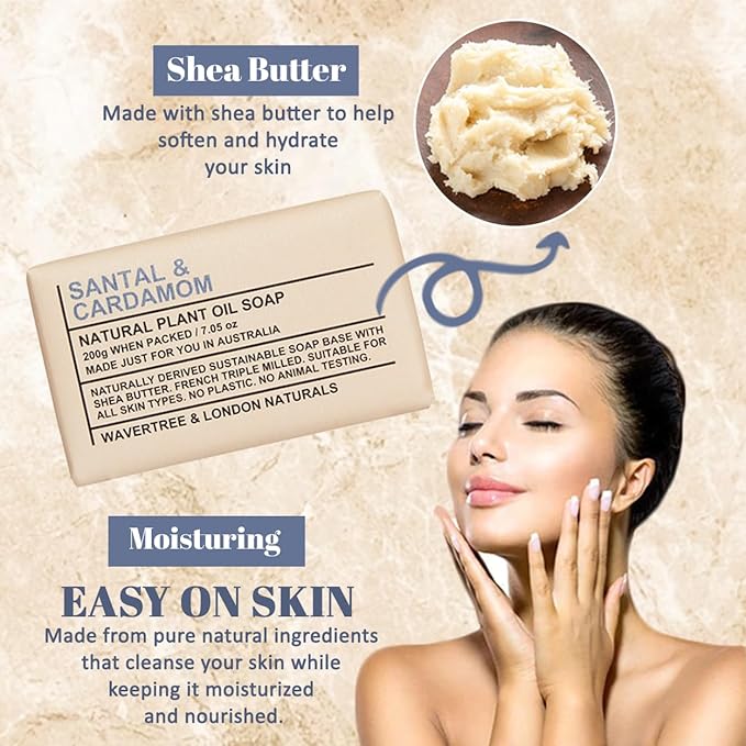 Wavertree & London Santal & Cardamon Scented Natural Soap Bars (2 Bars), 7oz Moisturizing French Triple Milled Soap enriched with shea butter - Plant Oil Bath & Body Soap Bars [100% Naturally derived]