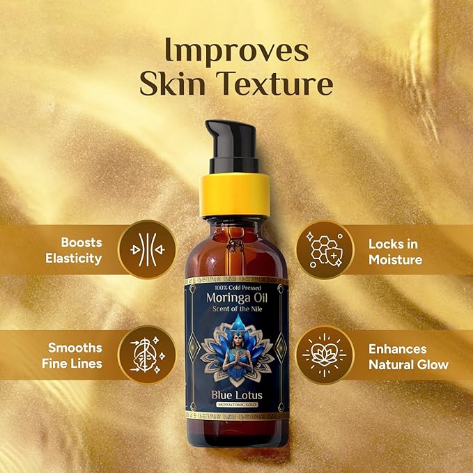 Pure Organic Moringa Oil with Blue Lotus Flower | Deep Hydrating & Anti-Aging Ritual Oil for Skin, Hair & Nails | Premium 100% Cold Pressed Moringa Seed Extraction, Nourishes & Hydrates Skin 1oz.