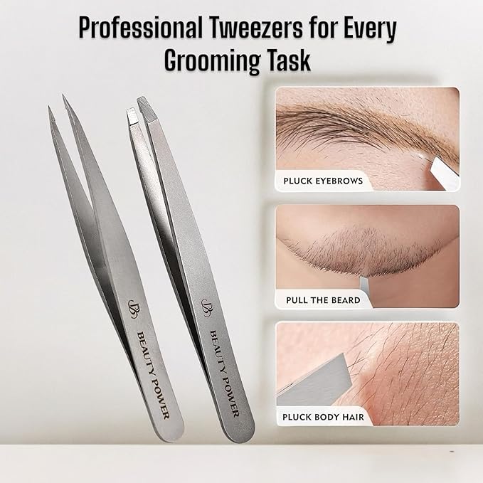 Professional Tweezers Set – Slant & Point, Ultra Precision German Stainless Steel Tweezers for Eyebrows, Chin, Ingrown Hair & Facial Grooming – Lightweight with Travel Case (Matte Grey)