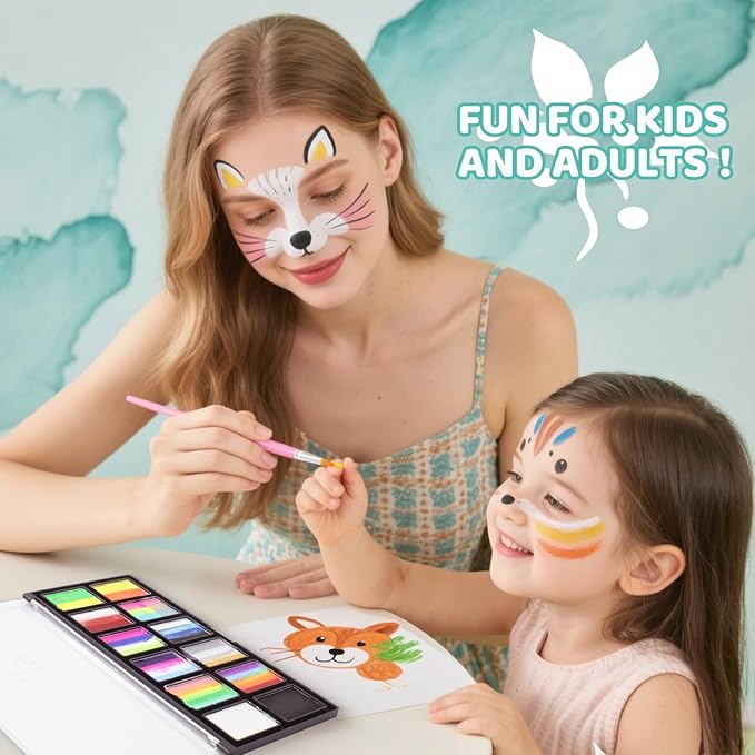 Face Painting Kit for Kids & Adults, Split Cake Face Paint Palette, Water Activated Face Paint with 4 Brushes, Safe & Quick-Dry, Perfect for Halloween Party Birthday Cosplay