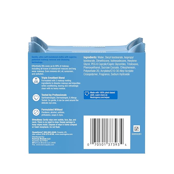 Neutrogena Makeup Remover Wipes Micellar Alcohol-Free Face Towelettes Remove Waterproof Mascara & Oil, Compostable 100% Plant-Based Cloth, Dermatologist & Ophthalmologist Tested, Twin Pack 2 x 25 ct