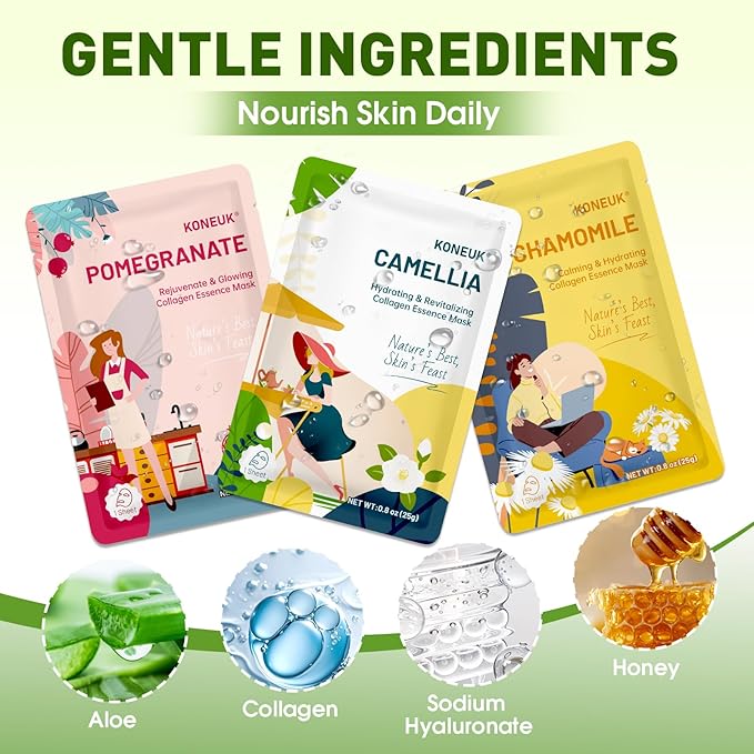 72 Pack Bulk Hydrating Face Masks Skincare, Collagen Sheet Face Mask for Dry, Oily Skin, Spa Gifts for Women Skin Care, Christmas Gifts and Stocking Stuffers for Women (9 Types x 8 Pcs)