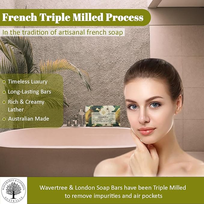 Wavertree & London French Pear Scented Natural Soap (2 Bars), 7oz Moisturizing French Triple Milled Soap Bars enriched with shea butter - Pure Plant Based Bath & Body Bars for All Skin Types