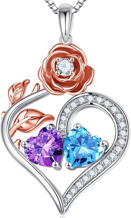 Iefil Rose Heart Birthstone Necklaces for Women - 925 Sterling Silver Double Birthstone Necklace, Anniversary Birthday Gifts for Women, Jewelry Gifts for Wife Her