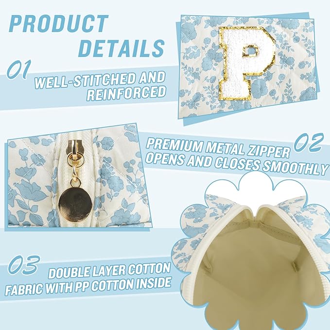 Personalized Quilted Cosmetic Bag, Puffy Monogrammed Christmas Birthday Gifts for Women & Girls, Cute initial Floral Makeup Bag Puffer Coquette Bag, Aesthetic Travel Toiletry Zipper Pouch(Blue,P)