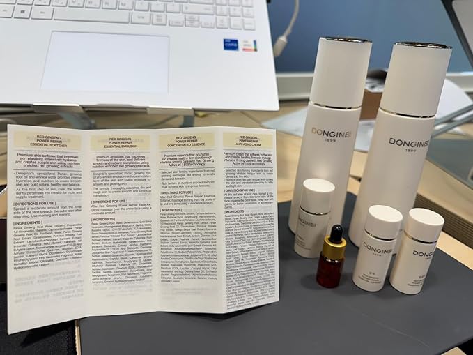 Donginbi Red Ginseng Power Repair Essential Skin Care Set - Hydrating Toner (4.4 floz), Korean Red Ginseng Essence with Collagen (4.4 floz), Firming Face Oil, Korean Skin Care Gifts for Women