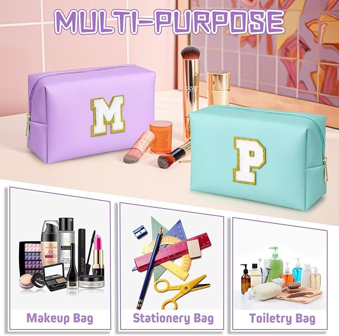 TOPEAST Initial Cosmetic Bag for Women, Preppy Small Makeup Bag, PU Leather Waterproof Toiletry Bag, Monogrammed Birthday Gifts for Women, Stuff for girls (Purple S)